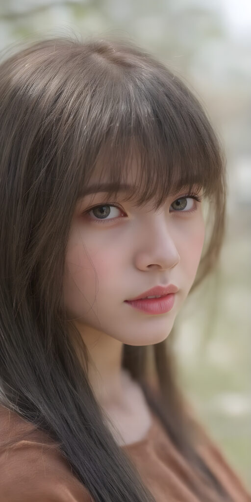 A (((highly realistic ultra detailed photo))), capturing a (((perfectly straight dark brown long hair with intricate cute bangs))), that give off a soft glow, in combination with (((thick, natural-looking brown eyes))) that convey a sense of innocence and spring beauty. The scene is set against a (natural backdrop of a spring day), with a focus on the model's face and shoulders, showcasing ultra realistic detail that draws the viewer's attention to her perfectly proportioned figure and flowing brown dress. She exudes an air of youthful confidence and natural beauty, embodying the essence of a high-resolution spring photography session
