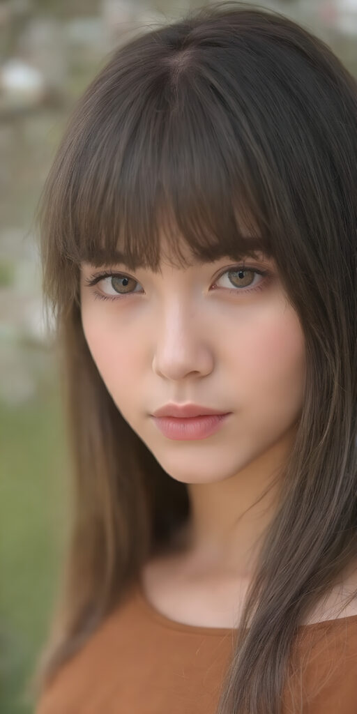 A (((highly realistic ultra detailed photo))), capturing a (((perfectly straight dark brown long hair with intricate cute bangs))), that give off a soft glow, in combination with (((thick, natural-looking brown eyes))) that convey a sense of innocence and spring beauty. The scene is set against a (natural backdrop of a spring day), with a focus on the model's face and shoulders, showcasing ultra realistic detail that draws the viewer's attention to her perfectly proportioned figure and flowing brown dress. She exudes an air of youthful confidence and natural beauty, embodying the essence of a high-resolution spring photography session