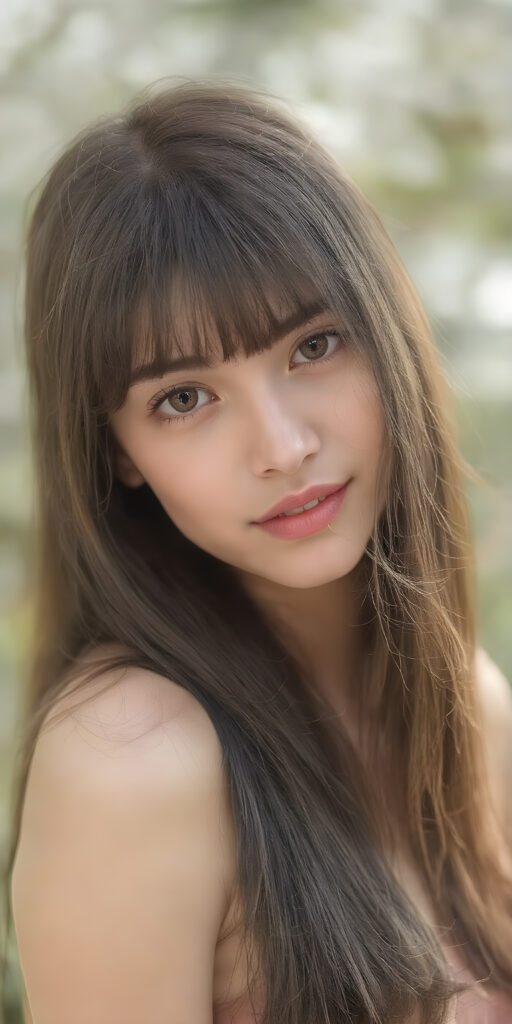 A (((highly realistic ultra detailed photo))), capturing a (((perfectly straight dark brown long hair with intricate cute bangs))), that give off a soft glow, in combination with (((thick, natural-looking brown eyes))) that convey a sense of innocence and spring beauty. The scene is set against a (natural backdrop of a spring day), with a focus on the model's face and shoulders, showcasing ultra realistic detail that draws the viewer's attention to her perfectly proportioned figure and flowing brown dress. She exudes an air of youthful confidence and natural beauty, embodying the essence of a high-resolution spring photography session