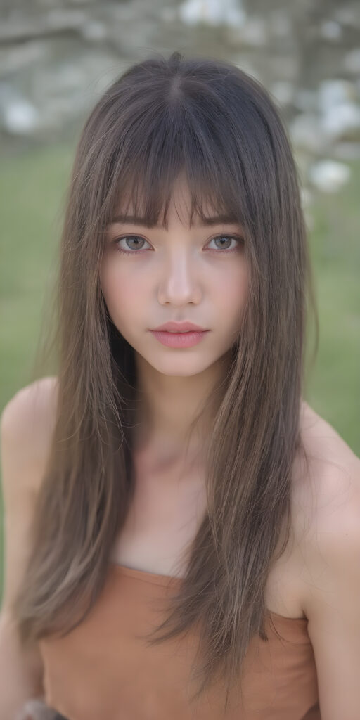 A (((highly realistic ultra detailed photo))), capturing a (((perfectly straight dark brown long hair with intricate cute bangs))), that give off a soft glow, in combination with (((thick, natural-looking brown eyes))) that convey a sense of innocence and spring beauty. The scene is set against a (natural backdrop of a spring day), with a focus on the model's face and shoulders, showcasing ultra realistic detail that draws the viewer's attention to her perfectly proportioned figure and flowing brown dress. She exudes an air of youthful confidence and natural beauty, embodying the essence of a high-resolution spring photography session