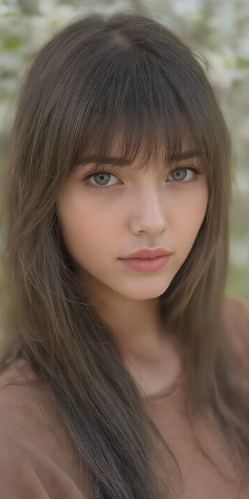 A (((highly realistic ultra detailed photo))), capturing a (((perfectly straight dark brown long hair with intricate cute bangs))), that give off a soft glow, in combination with (((thick, natural-looking brown eyes))) that convey a sense of innocence and spring beauty. The scene is set against a (natural backdrop of a spring day), with a focus on the model's face and shoulders, showcasing ultra realistic detail that draws the viewer's attention to her perfectly proportioned figure and flowing brown dress. She exudes an air of youthful confidence and natural beauty, embodying the essence of a high-resolution spring photography session