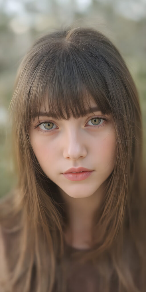 A (((highly realistic ultra detailed photo))), capturing a (((perfectly straight dark brown long hair with intricate cute bangs))), that give off a soft glow, in combination with (((thick, natural-looking brown eyes))) that convey a sense of innocence and spring beauty. The scene is set against a (natural backdrop of a spring day), with a focus on the model's face and shoulders, showcasing ultra realistic detail that draws the viewer's attention to her perfectly proportioned figure and flowing brown dress. She exudes an air of youthful confidence and natural beauty, embodying the essence of a high-resolution spring photography session