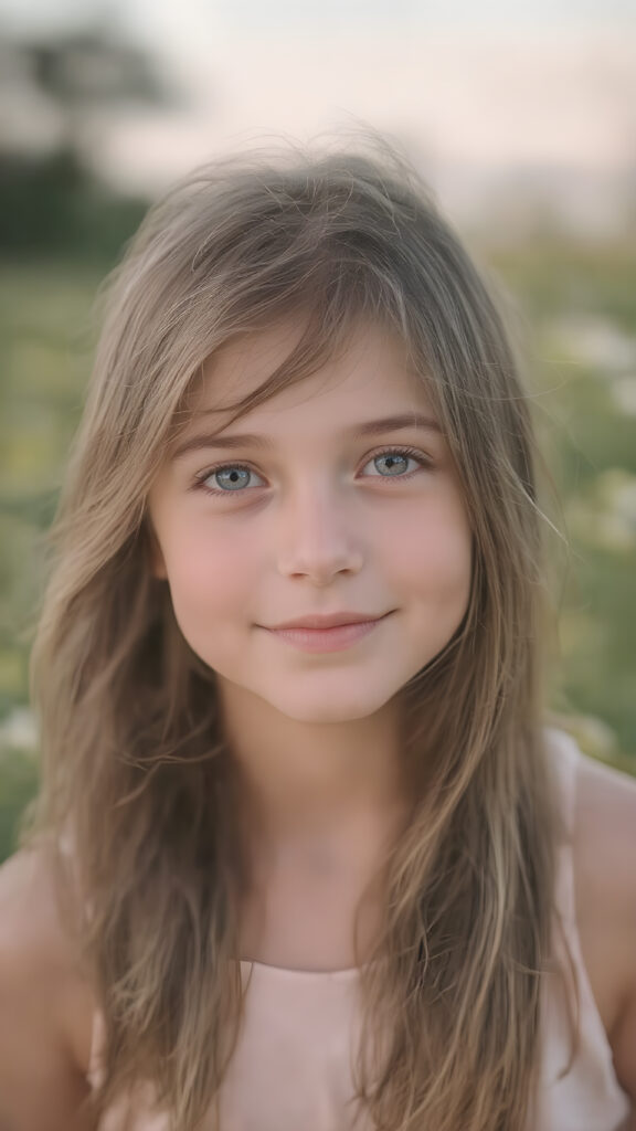 A highly realistic portrait of a cute young adult teen girl with long, flowing brown hair, naturally blowing in the wind. She is standing in a sunlit meadow with wildflowers, wearing a soft pastel-colored summer dress. Her skin has a natural texture, her big hazel eyes are full of joy, and her face shows a gentle, innocent smile. The image features lifelike lighting, soft shadows, high detail in the facial features, and a shallow depth of field. Style: ultra-realistic, photographic, 85mm lens effect, golden hour lighting.