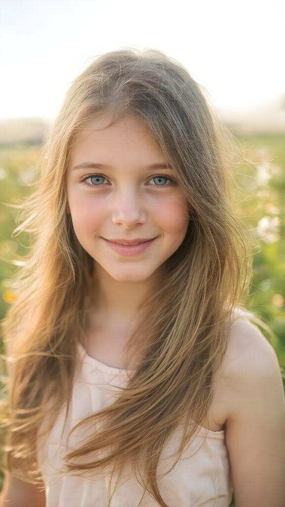 A highly realistic portrait of a cute young adult teen girl with long, flowing brown hair, naturally blowing in the wind. She is standing in a sunlit meadow with wildflowers, wearing a soft pastel-colored summer dress. Her skin has a natural texture, her big hazel eyes are full of joy, and her face shows a gentle, innocent smile. The image features lifelike lighting, soft shadows, high detail in the facial features, and a shallow depth of field. Style: ultra-realistic, photographic, 85mm lens effect, golden hour lighting.