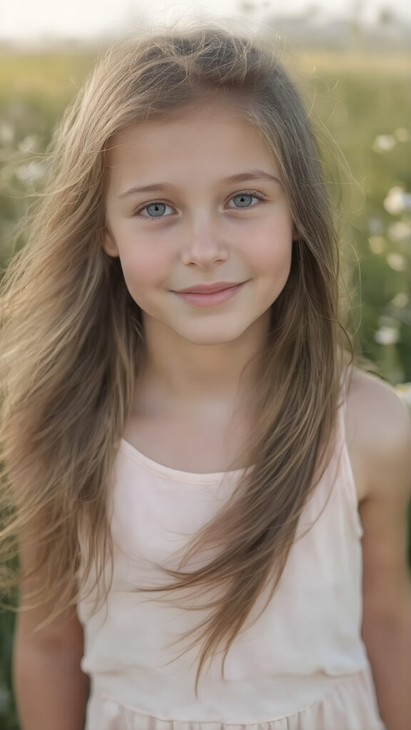 A highly realistic portrait of a cute young adult teen girl with long, flowing brown hair, naturally blowing in the wind. She is standing in a sunlit meadow with wildflowers, wearing a soft pastel-colored summer dress. Her skin has a natural texture, her big hazel eyes are full of joy, and her face shows a gentle, innocent smile. The image features lifelike lighting, soft shadows, high detail in the facial features, and a shallow depth of field. Style: ultra-realistic, photographic, 85mm lens effect, golden hour lighting.