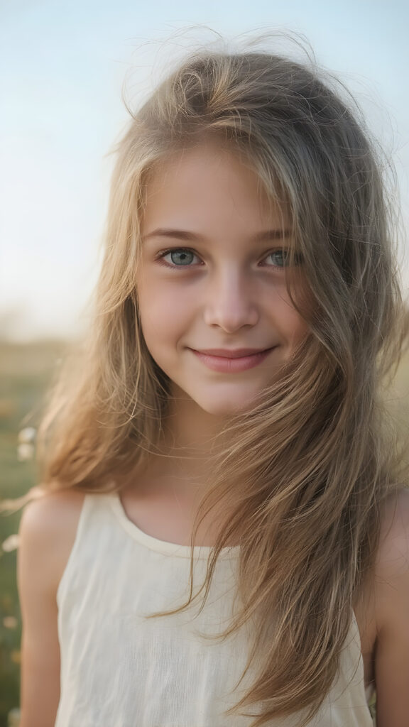 A highly realistic portrait of a cute young adult teen girl with long, flowing brown hair, naturally blowing in the wind. She is standing in a sunlit meadow with wildflowers, wearing a soft pastel-colored summer dress. Her skin has a natural texture, her big hazel eyes are full of joy, and her face shows a gentle, innocent smile. The image features lifelike lighting, soft shadows, high detail in the facial features, and a shallow depth of field. Style: ultra-realistic, photographic, 85mm lens effect, golden hour lighting.