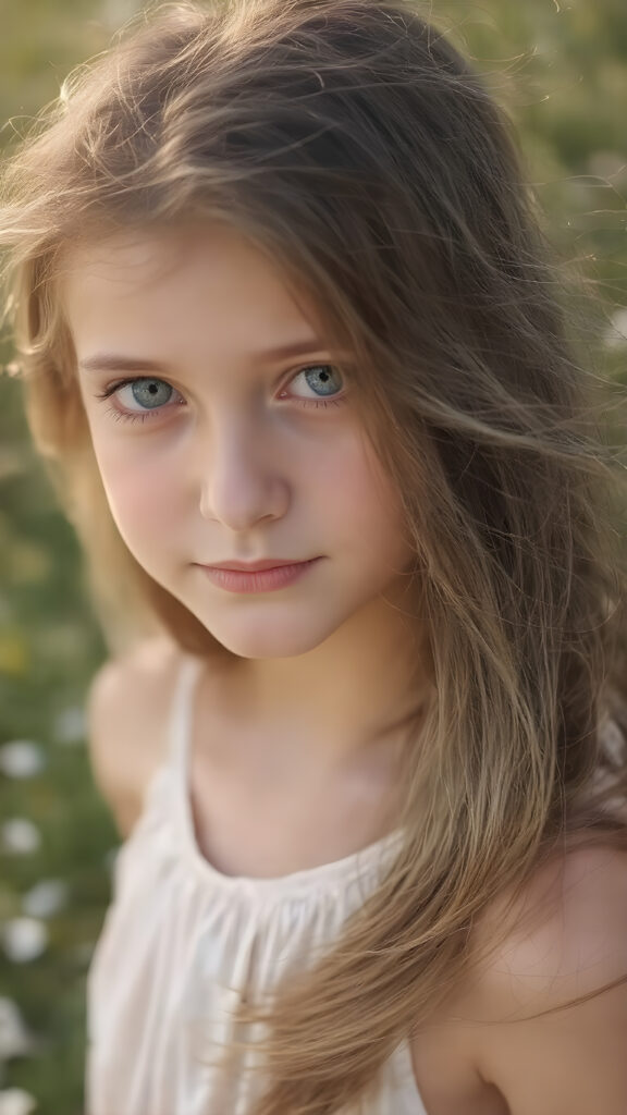 A highly realistic portrait of a cute young adult teen girl with long, flowing brown hair, naturally blowing in the wind. She is standing in a sunlit meadow with wildflowers, wearing a soft pastel-colored summer dress. Her skin has a natural texture, her big hazel eyes are full of joy, and her face shows a gentle, innocent smile. The image features lifelike lighting, soft shadows, high detail in the facial features, and a shallow depth of field. Style: ultra-realistic, photographic, 85mm lens effect, golden hour lighting.