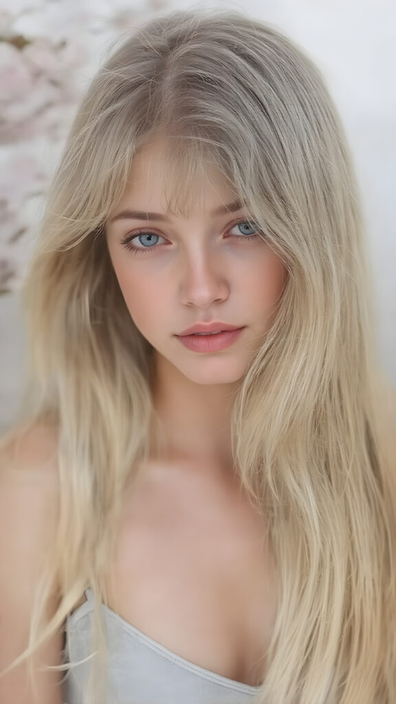 A (((hyper-realistic, highly-detailed hand painting))), in a ((fine art style)) with intricate details and ((rich colors)), depicting a ((beautiful young adult girl)) with ((extremely long, straight, thick, untucked natural white golden blonde hair)), ((natural light makeup)), and ((detailed eyes)), (((natural pale (blue eyes) that convey a sense of tranquility)), framed by her ((thick, wavy ((white and pale blue)) bangs)), which gracefully frame her face on the left side. She's ((looking perfectly into the camera)), at the end of her ((short, thigh-length pale blue jeans)), and the ((start of her (spaghetti strap, low-cut tank top) that accentuates her ((navel)), with ((natural pale skin)), and ((no show for her (thigh-length socks) that convey a sense of warmth and softness)), contrasting against the cool ((Spring backdrop)), with a warm ((soft focus)), that draws the viewer's attention to her ((face)), full body side view