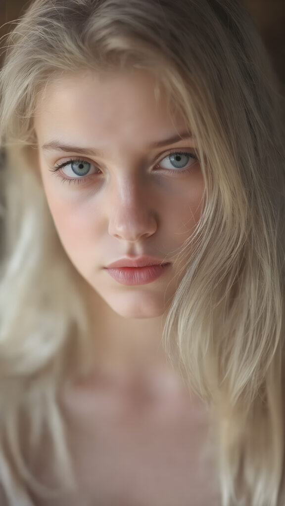 A (((hyper realistic full body image))) featuring a (((beautiful young teen girl))) with delicate yet ((silver-skinned)) hair that softly flows down her back in a (semi-realistic wave), emitting a soft glow that highlights her ((vividly colored eyes)), in a (soft focus, high contrast lighting) that brings out her youthful features, like a splash art image for a (romantic novel) she's reading in class. Her ((retired, former professional model)) makeup is still visible in a (vintage, polaroid-esque) style, adding to the semi-realistic ambiance of the scene