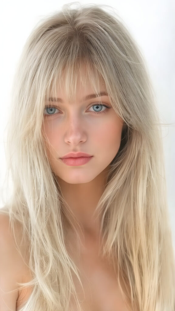 A (((hyper-realistic, highly-detailed hand painting))), in a ((fine art style)) with intricate details and ((rich colors)), depicting a ((beautiful young adult girl)) with ((extremely long, straight, thick, untucked natural white golden blonde hair)), ((natural light makeup)), and ((detailed eyes)), (((natural pale (blue eyes) that convey a sense of tranquility)), framed by her ((thick, wavy ((white and pale blue)) bangs)), which gracefully frame her face on the left side. She's ((looking perfectly into the camera)), at the end of her ((short, thigh-length pale blue jeans)), and the ((start of her (spaghetti strap, low-cut tank top) that accentuates her ((navel)), with ((natural pale skin)), and ((no show for her (thigh-length socks) that convey a sense of warmth and softness)), contrasting against the cool ((Spring backdrop)), with a warm ((soft focus)), that draws the viewer's attention to her ((face)), full body side view