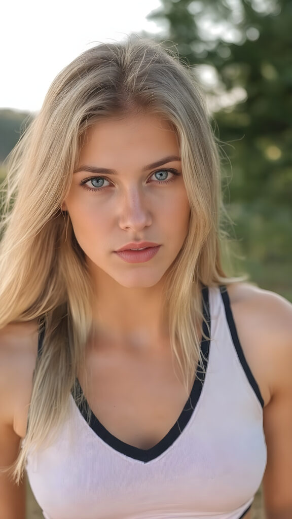 a (((hyper-realistic full body portrait))), captured in a (((very high resolution photograph))), highlighting the exquisite beauty of a (((skinny yet perfectly proportioned figure))) with luxuriously long, straight, thick, untucked natural white golden blonde hair and (perfectly natural white eyes) wearing a sleek, tight, thin, V-neck dark sports bra in bright white and black and ((white and gold)) colors that perfectly complements her toned, flawless complexion. Her skin is exuding (beautifully drawn) on her face, with perfectly straight natural white teeth that are clearly visible in a full body view. Backdrop is a perfectly serene natural landscape that perfectly complements this stunning teenage girl, who embodies the ultimate ideal of youthful beauty