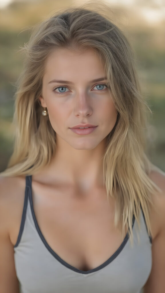 a (((hyper-realistic full body portrait))), captured in a (((very high resolution photograph))), highlighting the exquisite beauty of a (((skinny yet perfectly proportioned figure))) with luxuriously long, straight, thick, untucked natural white golden blonde hair and (perfectly natural white eyes) wearing a sleek, tight, thin, V-neck dark sports bra in bright white and black and ((white and gold)) colors that perfectly complements her toned, flawless complexion. Her skin is exuding (beautifully drawn) on her face, with perfectly straight natural white teeth that are clearly visible in a full body view. Backdrop is a perfectly serene natural landscape that perfectly complements this stunning teenage girl, who embodies the ultimate ideal of youthful beauty