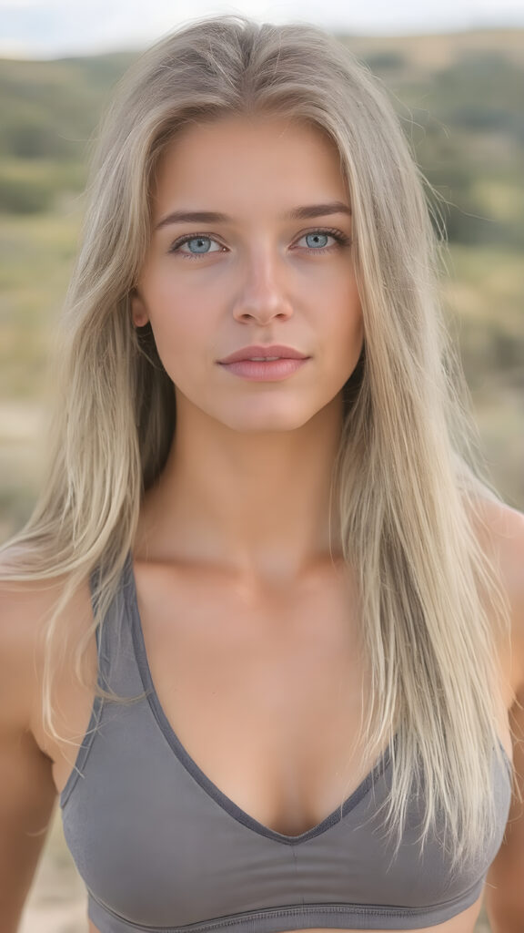 a (((hyper-realistic full body portrait))), captured in a (((very high resolution photograph))), highlighting the exquisite beauty of a (((skinny yet perfectly proportioned figure))) with luxuriously long, straight, thick, untucked natural white golden blonde hair and (perfectly natural white eyes) wearing a sleek, tight, thin, V-neck dark sports bra in bright white and black and ((white and gold)) colors that perfectly complements her toned, flawless complexion. Her skin is exuding (beautifully drawn) on her face, with perfectly straight natural white teeth that are clearly visible in a full body view. Backdrop is a perfectly serene natural landscape that perfectly complements this stunning teenage girl, who embodies the ultimate ideal of youthful beauty