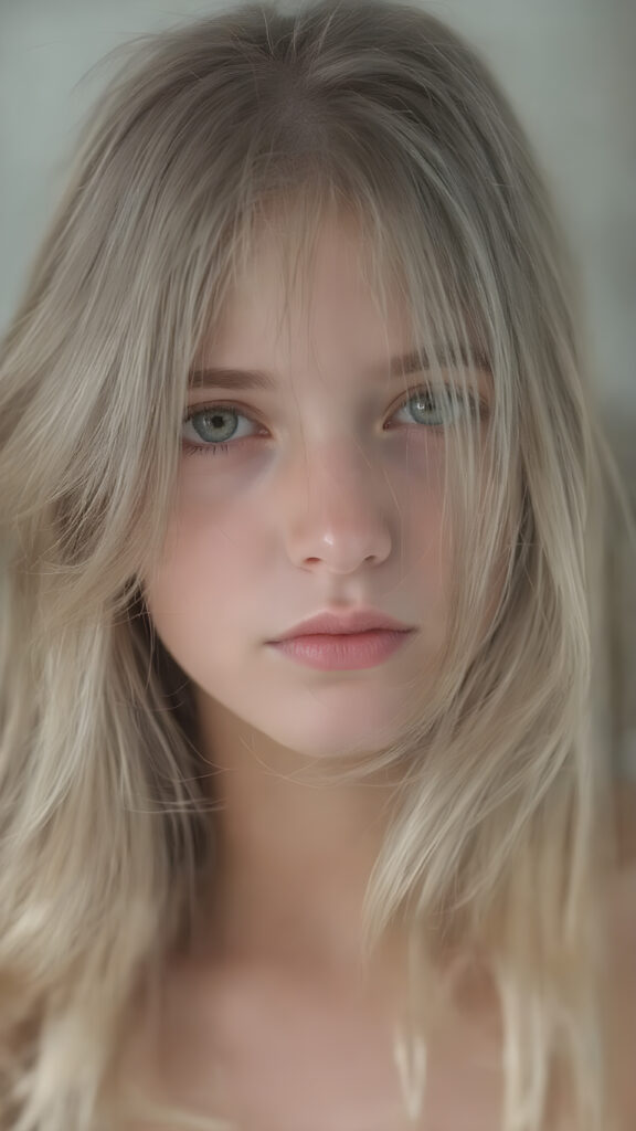 A (((hyper realistic full body image))) featuring a (((beautiful young teen girl))) with delicate yet ((silver-skinned)) hair that softly flows down her back in a (semi-realistic wave), emitting a soft glow that highlights her ((vividly colored eyes)), in a (soft focus, high contrast lighting) that brings out her youthful features, like a splash art image for a (romantic novel) she's reading in class. Her ((retired, former professional model)) makeup is still visible in a (vintage, polaroid-esque) style, adding to the semi-realistic ambiance of the scene