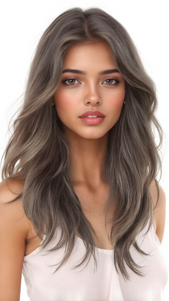A (((hyper-realistic drawing))) capturing a (((sugar-sweet beautiful Indian girl))), with delicate yet ((strong and fit body)), ((Long Wavy Soft Hair)) that gently flows around her face, highlighting her ((natural features)), including her ((soft pink lips)), which convey a sense of both playfulness and sophistication. Her ((light brown skin)) complements the sweet draw she wears, which is a ((short, flowy blouse)), paired with a ((tight skirt)) that brings out the ((full body view)), with a focus on her ((upper arm and shoulder area)), showcasing her ((soft, delicate fingers)), which are the ((perfect size and shape)) for a (((playful yet sophisticated))) hand and body pose