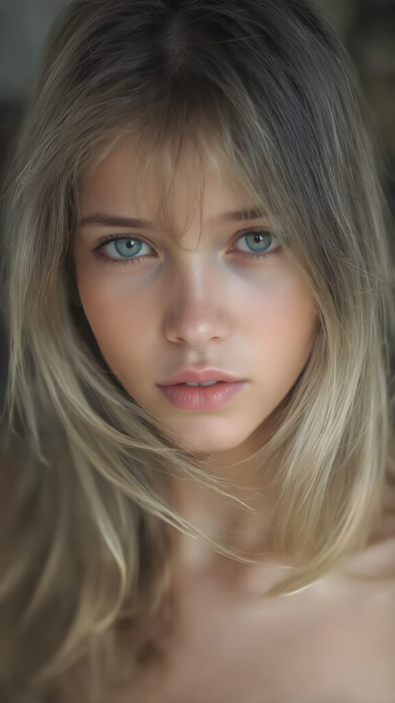 A (((hyper realistic full body image))) featuring a (((beautiful young teen girl))) with delicate yet ((silver-skinned)) hair that softly flows down her back in a (semi-realistic wave), emitting a soft glow that highlights her ((vividly colored eyes)), in a (soft focus, high contrast lighting) that brings out her youthful features, like a splash art image for a (romantic novel) she's reading in class. Her ((retired, former professional model)) makeup is still visible in a (vintage, polaroid-esque) style, adding to the semi-realistic ambiance of the scene