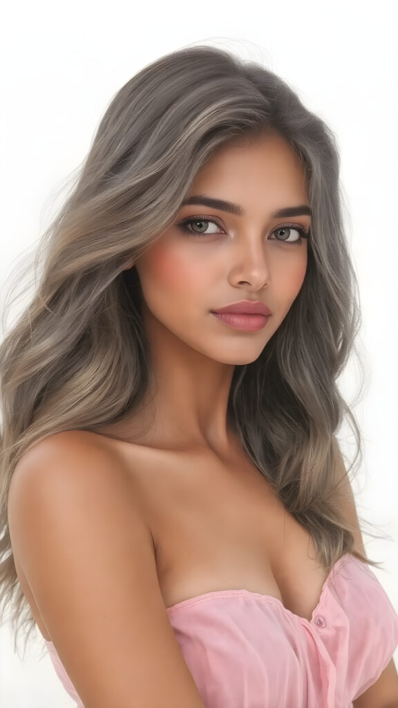 A (((hyper-realistic drawing))) capturing a (((sugar-sweet beautiful Indian girl))), with delicate yet ((strong and fit body)), ((Long Wavy Soft Hair)) that gently flows around her face, highlighting her ((natural features)), including her ((soft pink lips)), which convey a sense of both playfulness and sophistication. Her ((light brown skin)) complements the sweet draw she wears, which is a ((short, flowy blouse)), paired with a ((tight skirt)) that brings out the ((full body view)), with a focus on her ((upper arm and shoulder area)), showcasing her ((soft, delicate fingers)), which are the ((perfect size and shape)) for a (((playful yet sophisticated))) hand and body pose