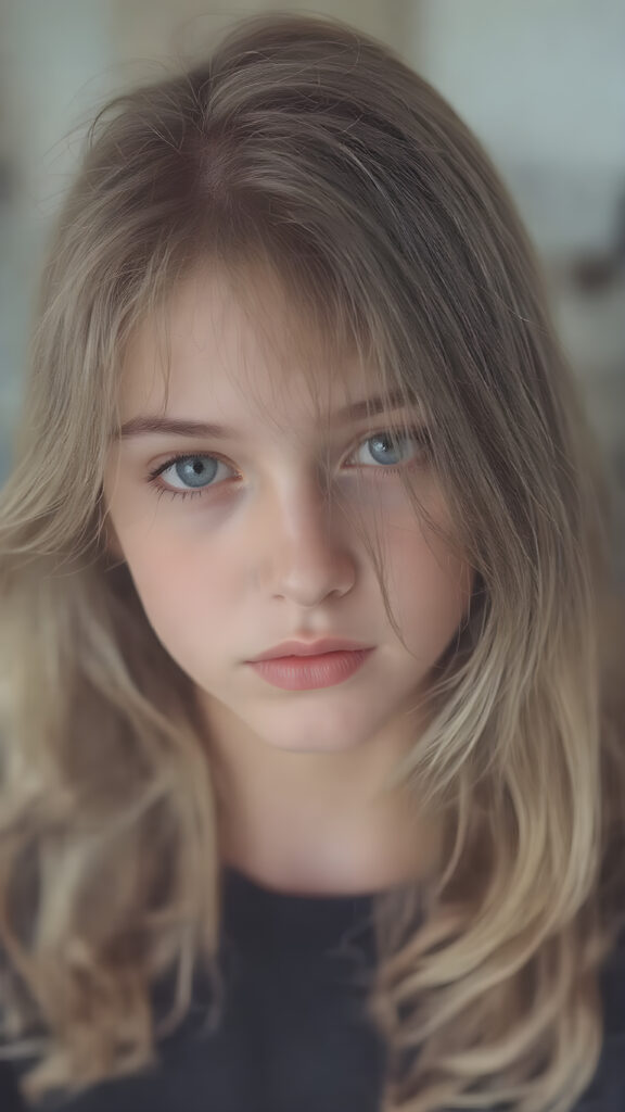 A (((hyper realistic full body image))) featuring a (((beautiful young teen girl))) with delicate yet ((silver-skinned)) hair that softly flows down her back in a (semi-realistic wave), emitting a soft glow that highlights her ((vividly colored eyes)), in a (soft focus, high contrast lighting) that brings out her youthful features, like a splash art image for a (romantic novel) she's reading in class. Her ((retired, former professional model)) makeup is still visible in a (vintage, polaroid-esque) style, adding to the semi-realistic ambiance of the scene
