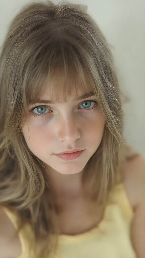 A (((hyper realistic full body image))) of a (((beautiful young teen girl))), with delicate yet pale skin, and (((vividly colored, semi-realistic green eyes))), dressed in a soft, ((yellow and pastel green-themed teen tank top)) that complements her ethereal beauty. Her (((long, brown hair))) softly flows down her back in (soft, gentle waves) and emits a (soft glow) that highlights her youthful features. She exudes an air of innocence and curiosity