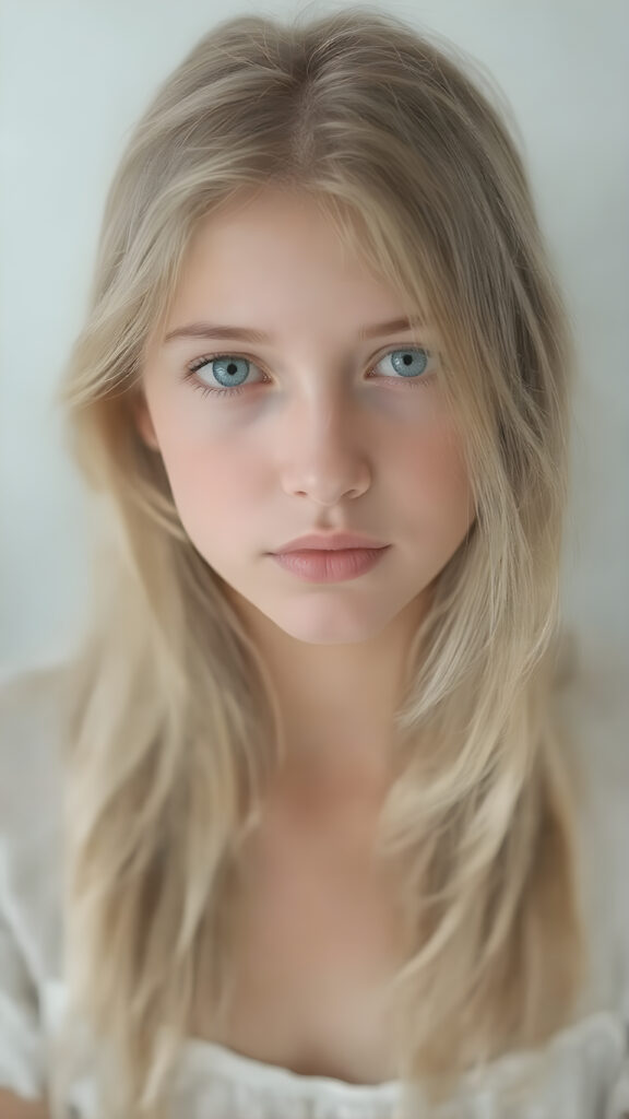 A (((hyper realistic full body image))) of a (((beautiful young teen girl))), with delicate yet pale skin, and (((vividly colored, semi-realistic green eyes))), dressed in a soft, ((white and pastel green-themed teen outfit)) that complements her ethereal beauty. Her (((long, silky blonde hair))) softly flows down her back in (soft, gentle waves) and emits a (soft glow) that highlights her youthful features. She exudes an air of innocence and curiosity