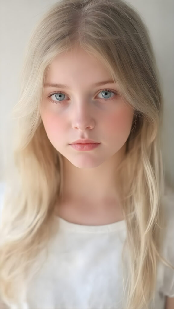 A (((hyper realistic full body image))) of a (((beautiful young teen girl))), with delicate yet pale skin, and (((vividly colored, semi-realistic green eyes))), dressed in a soft, ((white and pastel green-themed teen outfit)) that complements her ethereal beauty. Her (((long, silky blonde hair))) softly flows down her back in (soft, gentle waves) and emits a (soft glow) that highlights her youthful features. She exudes an air of innocence and curiosity