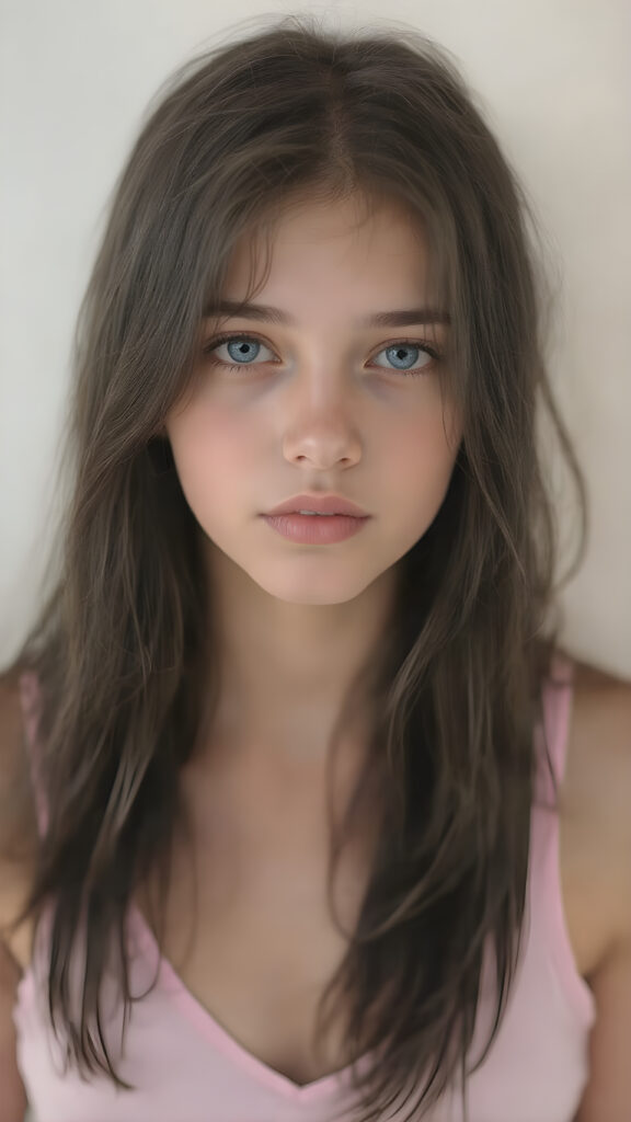 A (((hyper realistic full body image))) of a (((beautiful young teen girl))), with delicate yet silver skin, and (((vividly colored, semi-realistic blue eyes))), dressed in a soft, ((pink and pastel tank top, deep v-neck)) that complements her ethereal beauty. Her (((long, black hair))) softly flows down her back in and emits a (soft glow) that highlights her youthful features. She exudes an air of innocence and curiosity