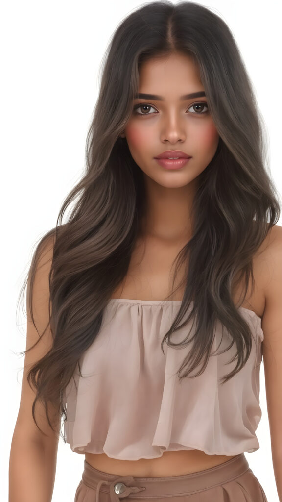 A (((hyper-realistic drawing))) capturing a (((sugar-sweet beautiful Indian girl))), with delicate yet ((strong and fit body)), ((Long Wavy Soft Hair)) that gently flows around her face, highlighting her ((natural features)), including her ((soft pink lips)), which convey a sense of both playfulness and sophistication. Her ((light brown skin)) complements the sweet draw she wears, which is a ((short, flowy blouse)), paired with a ((tight skirt)) that brings out the ((full body view)), with a focus on her ((upper arm and shoulder area)), showcasing her ((soft, delicate fingers)), which are the ((perfect size and shape)) for a (((playful yet sophisticated))) hand and body pose