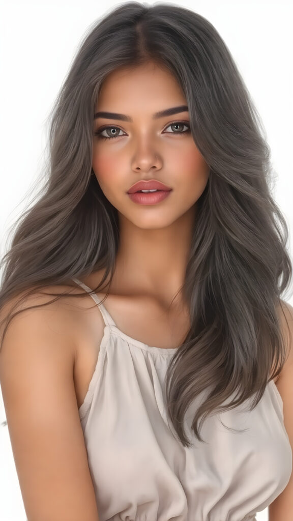 A (((hyper-realistic drawing))) capturing a (((sugar-sweet beautiful Indian girl))), with delicate yet ((strong and fit body)), ((Long Wavy Soft Hair)) that gently flows around her face, highlighting her ((natural features)), including her ((soft pink lips)), which convey a sense of both playfulness and sophistication. Her ((light brown skin)) complements the sweet draw she wears, which is a ((short, flowy blouse)), paired with a ((tight skirt)) that brings out the ((full body view)), with a focus on her ((upper arm and shoulder area)), showcasing her ((soft, delicate fingers)), which are the ((perfect size and shape)) for a (((playful yet sophisticated))) hand and body pose
