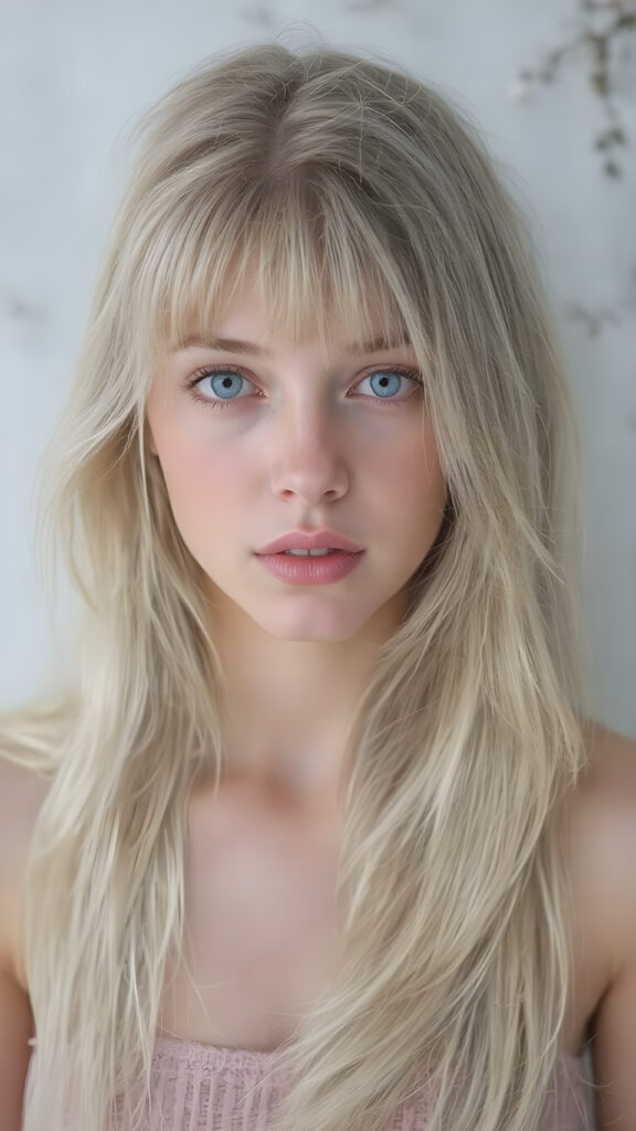 A (((hyper-realistic, highly-detailed hand painting))), in a ((fine art style)) with intricate details and ((rich colors)), depicting a ((beautiful young adult girl)) with ((extremely long, straight, thick, untucked natural white golden blonde hair)), ((natural light makeup)), and ((detailed eyes)), (((natural pale (blue eyes) that convey a sense of tranquility)), framed by her ((thick, wavy ((white and pale blue)) bangs)), which gracefully frame her face on the left side. She's ((looking perfectly into the camera)), at the end of her ((short, thigh-length pale blue jeans)), and the ((start of her (spaghetti strap, low-cut tank top) that accentuates her ((navel)), with ((natural pale skin)), and ((no show for her (thigh-length socks) that convey a sense of warmth and softness)), contrasting against the cool ((Spring backdrop)), with a warm ((soft focus)), that draws the viewer's attention to her ((face)), full body side view