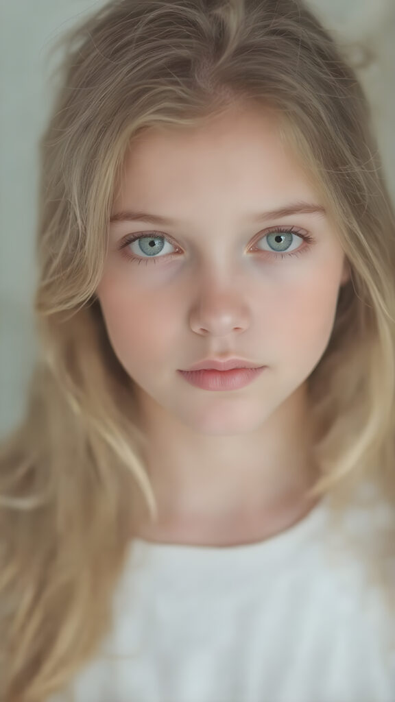 A (((hyper realistic full body image))) of a (((beautiful young teen girl))), with delicate yet pale skin, and (((vividly colored, semi-realistic green eyes))), dressed in a soft, ((white and pastel green-themed teen outfit)) that complements her ethereal beauty. Her (((long, silky blonde hair))) softly flows down her back in (soft, gentle waves) and emits a (soft glow) that highlights her youthful features. She exudes an air of innocence and curiosity