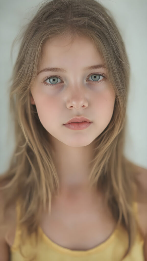 A (((hyper realistic full body image))) of a (((beautiful young teen girl))), with delicate yet pale skin, and (((vividly colored, semi-realistic green eyes))), dressed in a soft, ((yellow and pastel green-themed teen tank top)) that complements her ethereal beauty. Her (((long, brown hair))) softly flows down her back in (soft, gentle waves) and emits a (soft glow) that highlights her youthful features. She exudes an air of innocence and curiosity