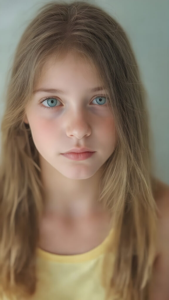 A (((hyper realistic full body image))) of a (((beautiful young teen girl))), with delicate yet pale skin, and (((vividly colored, semi-realistic green eyes))), dressed in a soft, ((yellow and pastel green-themed teen tank top)) that complements her ethereal beauty. Her (((long, brown hair))) softly flows down her back in (soft, gentle waves) and emits a (soft glow) that highlights her youthful features. She exudes an air of innocence and curiosity