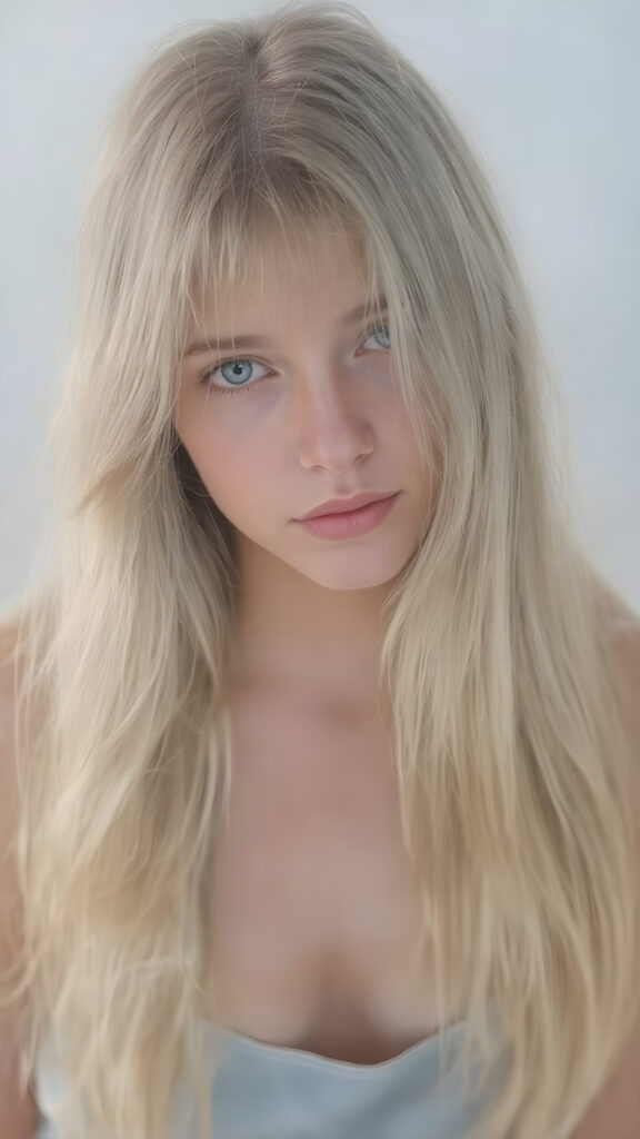 A (((hyper-realistic, highly-detailed hand painting))), in a ((fine art style)) with intricate details and ((rich colors)), depicting a ((beautiful young adult girl)) with ((extremely long, straight, thick, untucked natural white golden blonde hair)), ((natural light makeup)), and ((detailed eyes)), (((natural pale (blue eyes) that convey a sense of tranquility)), framed by her ((thick, wavy ((white and pale blue)) bangs)), which gracefully frame her face on the left side. She's ((looking perfectly into the camera)), at the end of her ((short, thigh-length pale blue jeans)), and the ((start of her (spaghetti strap, low-cut tank top) that accentuates her ((navel)), with ((natural pale skin)), and ((no show for her (thigh-length socks) that convey a sense of warmth and softness)), contrasting against the cool ((Spring backdrop)), with a warm ((soft focus)), that draws the viewer's attention to her ((face)), full body side view