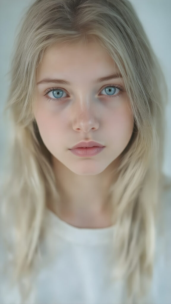 A (((hyper realistic full body image))) of a (((beautiful young teen girl))), with delicate yet pale skin, and (((vividly colored, semi-realistic green eyes))), dressed in a soft, ((white and pastel green-themed teen outfit)) that complements her ethereal beauty. Her (((long, silky blonde hair))) softly flows down her back in (soft, gentle waves) and emits a (soft glow) that highlights her youthful features. She exudes an air of innocence and curiosity