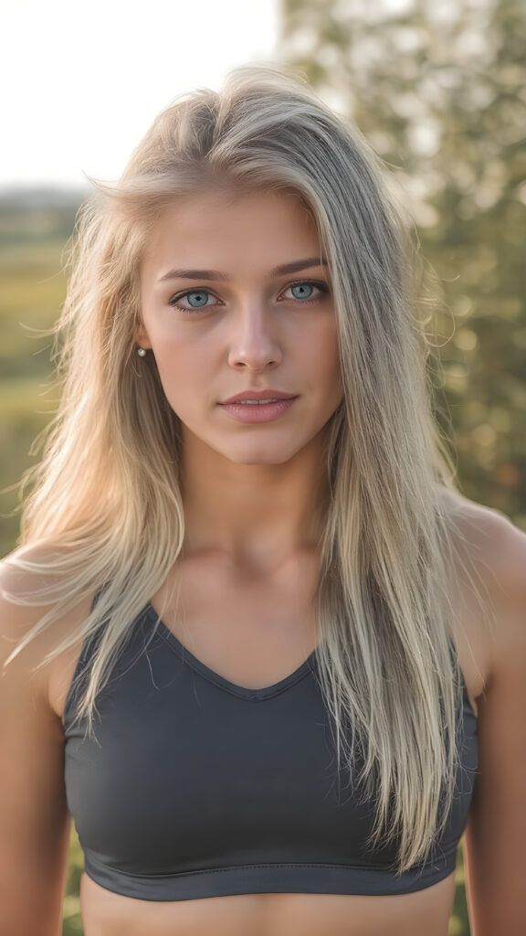 a (((hyper-realistic full body portrait))), captured in a (((very high resolution photograph))), highlighting the exquisite beauty of a (((skinny yet perfectly proportioned figure))) with luxuriously long, straight, thick, untucked natural white golden blonde hair and (perfectly natural white eyes) wearing a sleek, tight, thin, V-neck dark sports bra in bright white and black and ((white and gold)) colors that perfectly complements her toned, flawless complexion. Her skin is exuding (beautifully drawn) on her face, with perfectly straight natural white teeth that are clearly visible in a full body view. Backdrop is a perfectly serene natural landscape that perfectly complements this stunning teenage girl, who embodies the ultimate ideal of youthful beauty