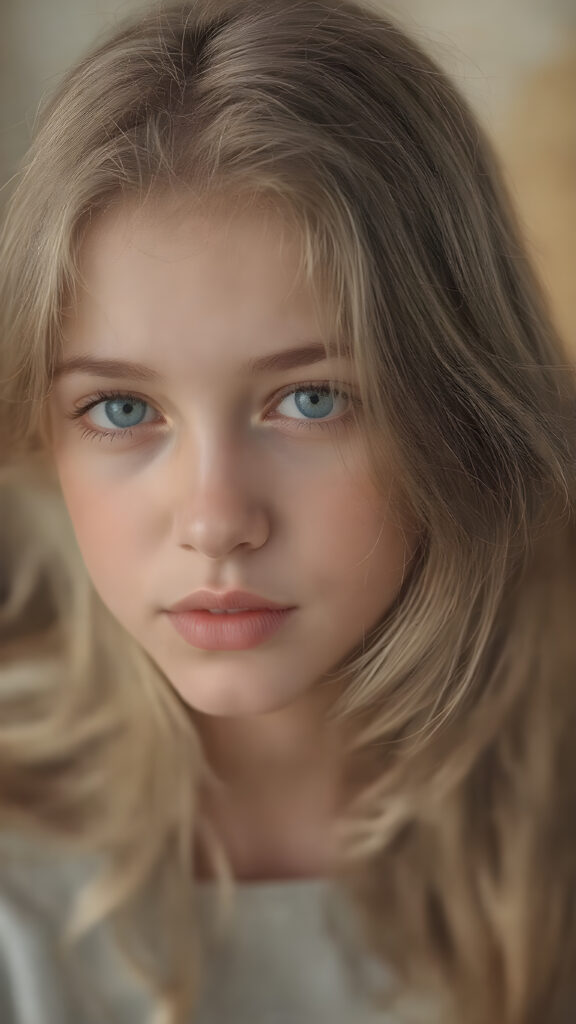 A (((hyper realistic full body image))) featuring a (((beautiful young teen girl))) with delicate yet ((silver-skinned)) hair that softly flows down her back in a (semi-realistic wave), emitting a soft glow that highlights her ((vividly colored eyes)), in a (soft focus, high contrast lighting) that brings out her youthful features, like a splash art image for a (romantic novel) she's reading in class. Her ((retired, former professional model)) makeup is still visible in a (vintage, polaroid-esque) style, adding to the semi-realistic ambiance of the scene
