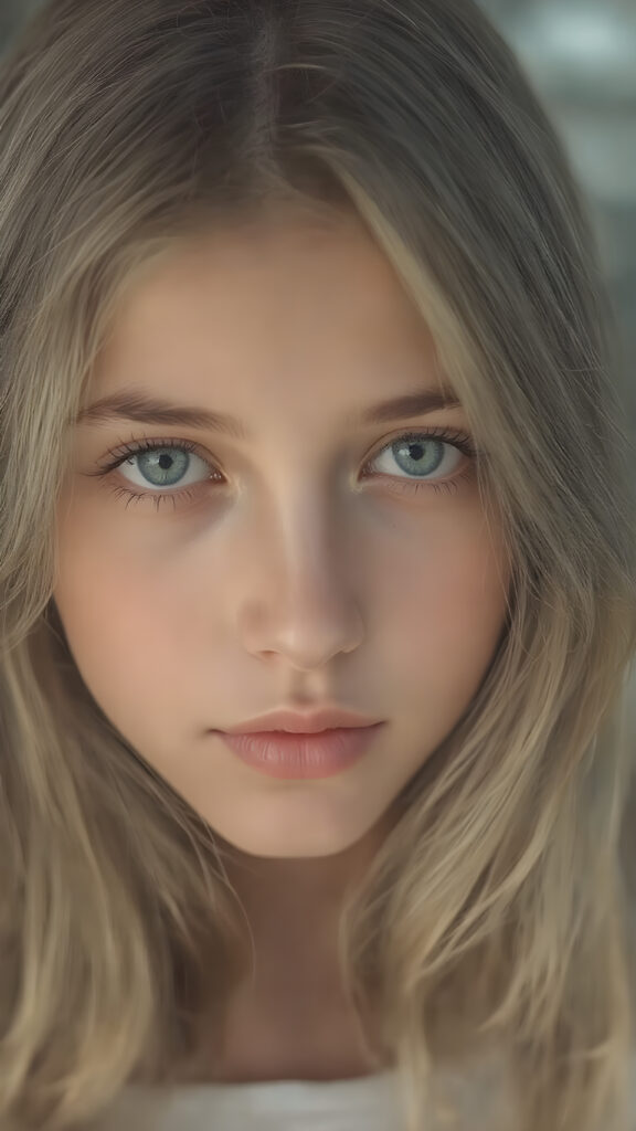 A (((hyper realistic full body image))) featuring a (((beautiful young teen girl))) with delicate yet ((silver-skinned)) hair that softly flows down her back in a (semi-realistic wave), emitting a soft glow that highlights her ((vividly colored eyes)), in a (soft focus, high contrast lighting) that brings out her youthful features, like a splash art image for a (romantic novel) she's reading in class. Her ((retired, former professional model)) makeup is still visible in a (vintage, polaroid-esque) style, adding to the semi-realistic ambiance of the scene