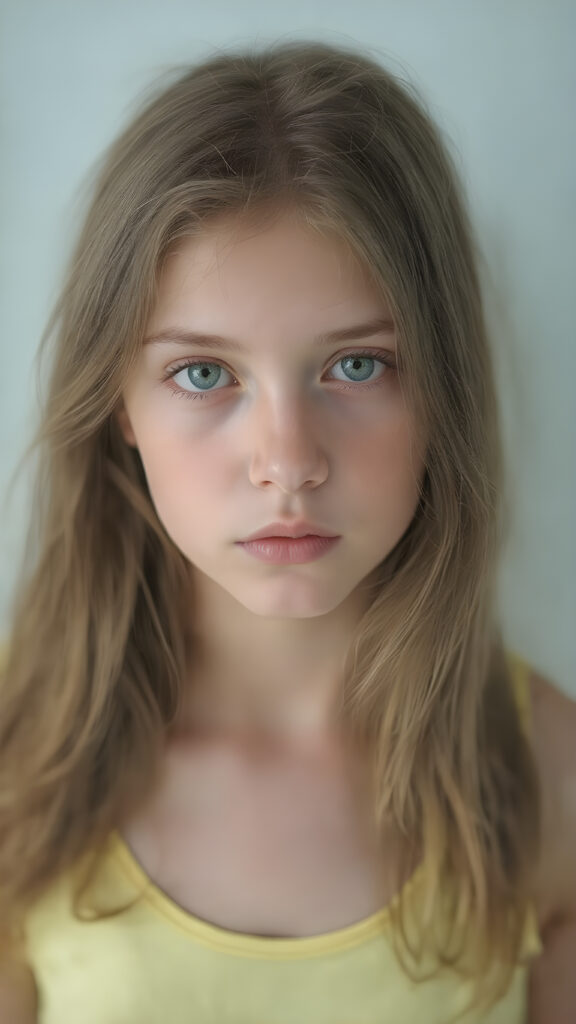 A (((hyper realistic full body image))) of a (((beautiful young teen girl))), with delicate yet pale skin, and (((vividly colored, semi-realistic green eyes))), dressed in a soft, ((yellow and pastel green-themed teen tank top)) that complements her ethereal beauty. Her (((long, brown hair))) softly flows down her back in (soft, gentle waves) and emits a (soft glow) that highlights her youthful features. She exudes an air of innocence and curiosity