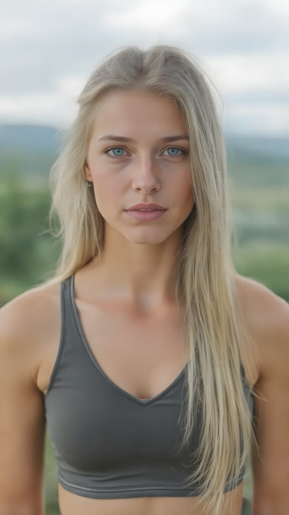 a (((hyper-realistic full body portrait))), captured in a (((very high resolution photograph))), highlighting the exquisite beauty of a (((skinny yet perfectly proportioned figure))) with luxuriously long, straight, thick, untucked natural white golden blonde hair and (perfectly natural white eyes) wearing a sleek, tight, thin, V-neck dark sports bra in bright white and black and ((white and gold)) colors that perfectly complements her toned, flawless complexion. Her skin is exuding (beautifully drawn) on her face, with perfectly straight natural white teeth that are clearly visible in a full body view. Backdrop is a perfectly serene natural landscape that perfectly complements this stunning teenage girl, who embodies the ultimate ideal of youthful beauty