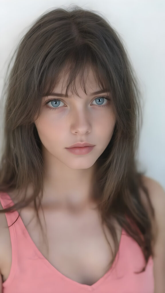 A (((hyper realistic full body image))) of a (((beautiful young teen girl))), with delicate yet silver skin, and (((vividly colored, semi-realistic blue eyes))), dressed in a soft, ((pink and pastel tank top, deep v-neck)) that complements her ethereal beauty. Her (((long, black hair))) softly flows down her back in and emits a (soft glow) that highlights her youthful features. She exudes an air of innocence and curiosity