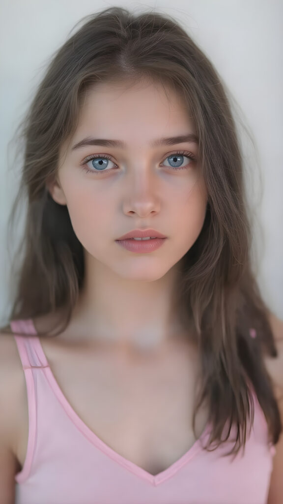 A (((hyper realistic full body image))) of a (((beautiful young teen girl))), with delicate yet silver skin, and (((vividly colored, semi-realistic blue eyes))), dressed in a soft, ((pink and pastel tank top, deep v-neck)) that complements her ethereal beauty. Her (((long, black hair))) softly flows down her back in and emits a (soft glow) that highlights her youthful features. She exudes an air of innocence and curiosity