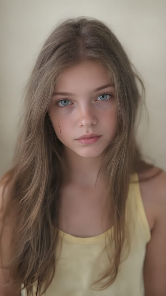 A (((hyper realistic full body image))) of a (((beautiful young teen girl))), with delicate yet pale skin, and (((vividly colored, semi-realistic green eyes))), dressed in a soft, ((yellow and pastel green-themed teen tank top)) that complements her ethereal beauty. Her (((long, brown hair))) softly flows down her back in (soft, gentle waves) and emits a (soft glow) that highlights her youthful features. She exudes an air of innocence and curiosity