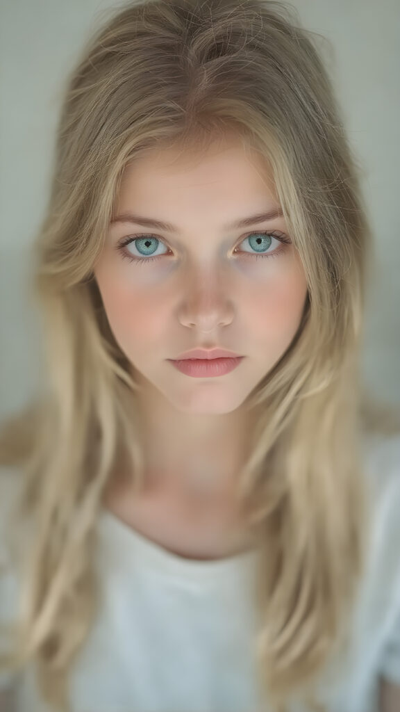 A (((hyper realistic full body image))) of a (((beautiful young teen girl))), with delicate yet pale skin, and (((vividly colored, semi-realistic green eyes))), dressed in a soft, ((white and pastel green-themed teen outfit)) that complements her ethereal beauty. Her (((long, silky blonde hair))) softly flows down her back in (soft, gentle waves) and emits a (soft glow) that highlights her youthful features. She exudes an air of innocence and curiosity