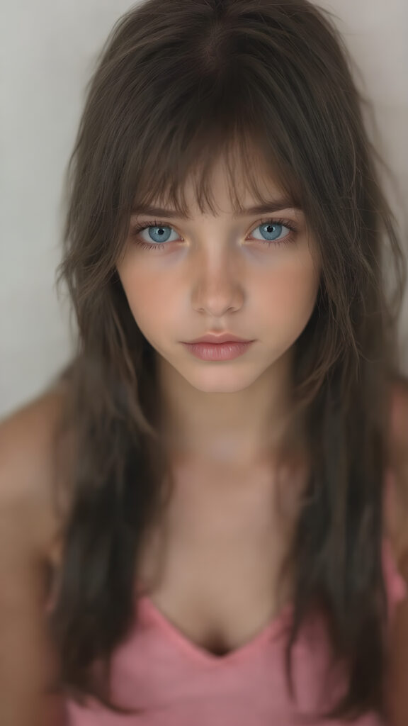 A (((hyper realistic full body image))) of a (((beautiful young teen girl))), with delicate yet silver skin, and (((vividly colored, semi-realistic blue eyes))), dressed in a soft, ((pink and pastel tank top, deep v-neck)) that complements her ethereal beauty. Her (((long, black hair))) softly flows down her back in and emits a (soft glow) that highlights her youthful features. She exudes an air of innocence and curiosity