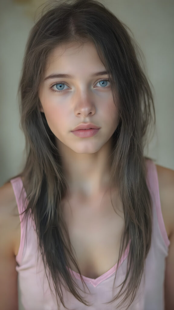 A (((hyper realistic full body image))) of a (((beautiful young teen girl))), with delicate yet silver skin, and (((vividly colored, semi-realistic blue eyes))), dressed in a soft, ((pink and pastel tank top, deep v-neck)) that complements her ethereal beauty. Her (((long, black hair))) softly flows down her back in and emits a (soft glow) that highlights her youthful features. She exudes an air of innocence and curiosity