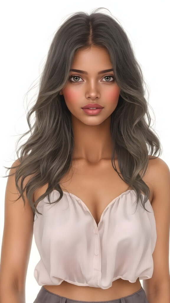 A (((hyper-realistic drawing))) capturing a (((sugar-sweet beautiful Indian girl))), with delicate yet ((strong and fit body)), ((Long Wavy Soft Hair)) that gently flows around her face, highlighting her ((natural features)), including her ((soft pink lips)), which convey a sense of both playfulness and sophistication. Her ((light brown skin)) complements the sweet draw she wears, which is a ((short, flowy blouse)), paired with a ((tight skirt)) that brings out the ((full body view)), with a focus on her ((upper arm and shoulder area)), showcasing her ((soft, delicate fingers)), which are the ((perfect size and shape)) for a (((playful yet sophisticated))) hand and body pose