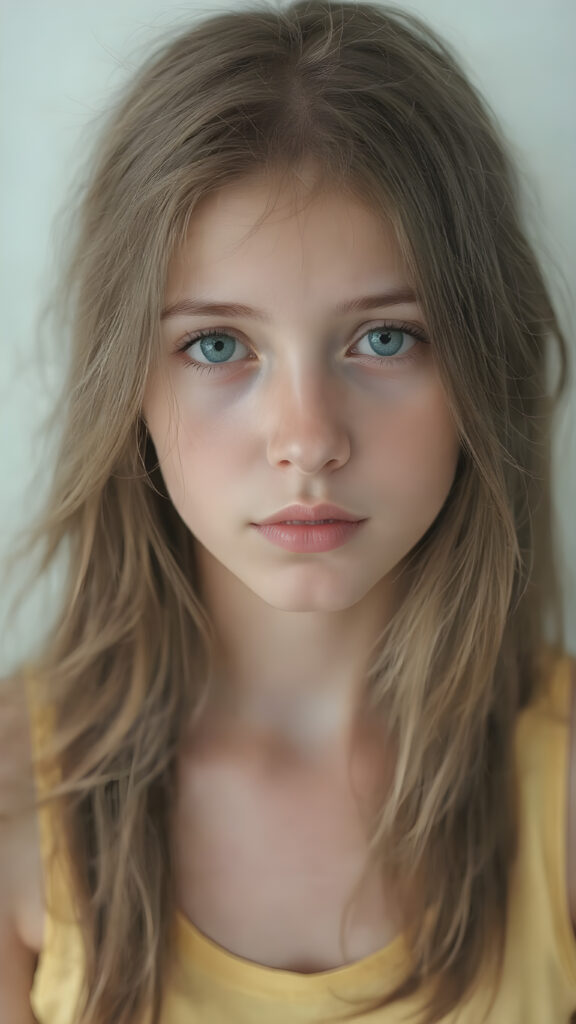 A (((hyper realistic full body image))) of a (((beautiful young teen girl))), with delicate yet pale skin, and (((vividly colored, semi-realistic green eyes))), dressed in a soft, ((yellow and pastel green-themed teen tank top)) that complements her ethereal beauty. Her (((long, brown hair))) softly flows down her back in (soft, gentle waves) and emits a (soft glow) that highlights her youthful features. She exudes an air of innocence and curiosity