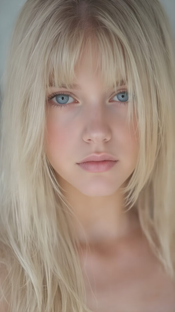 A (((hyper-realistic, highly-detailed hand painting))), in a ((fine art style)) with intricate details and ((rich colors)), depicting a ((beautiful young adult girl)) with ((extremely long, straight, thick, untucked natural white golden blonde hair)), ((natural light makeup)), and ((detailed eyes)), (((natural pale (blue eyes) that convey a sense of tranquility)), framed by her ((thick, wavy ((white and pale blue)) bangs)), which gracefully frame her face on the left side. She's ((looking perfectly into the camera)), at the end of her ((short, thigh-length pale blue jeans)), and the ((start of her (spaghetti strap, low-cut tank top) that accentuates her ((navel)), with ((natural pale skin)), and ((no show for her (thigh-length socks) that convey a sense of warmth and softness)), contrasting against the cool ((Spring backdrop)), with a warm ((soft focus)), that draws the viewer's attention to her ((face)), full body side view