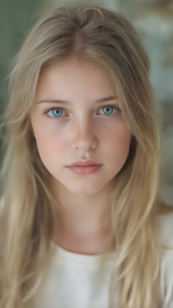 A (((hyper realistic full body image))) of a (((beautiful young teen girl))), with delicate yet pale skin, and (((vividly colored, semi-realistic green eyes))), dressed in a soft, ((white and pastel green-themed teen outfit)) that complements her ethereal beauty. Her (((long, silky blonde hair))) softly flows down her back in (soft, gentle waves) and emits a (soft glow) that highlights her youthful features. She exudes an air of innocence and curiosity