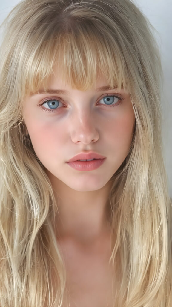 A (((hyper-realistic, highly-detailed hand painting))), in a ((fine art style)) with intricate details and ((rich colors)), depicting a ((beautiful young adult girl)) with ((extremely long, straight, thick, untucked natural white golden blonde hair)), ((natural light makeup)), and ((detailed eyes)), (((natural pale (blue eyes) that convey a sense of tranquility)), framed by her ((thick, wavy ((white and pale blue)) bangs)), which gracefully frame her face on the left side. She's ((looking perfectly into the camera)), at the end of her ((short, thigh-length pale blue jeans)), and the ((start of her (spaghetti strap, low-cut tank top) that accentuates her ((navel)), with ((natural pale skin)), and ((no show for her (thigh-length socks) that convey a sense of warmth and softness)), contrasting against the cool ((Spring backdrop)), with a warm ((soft focus)), that draws the viewer's attention to her ((face)), full body side view